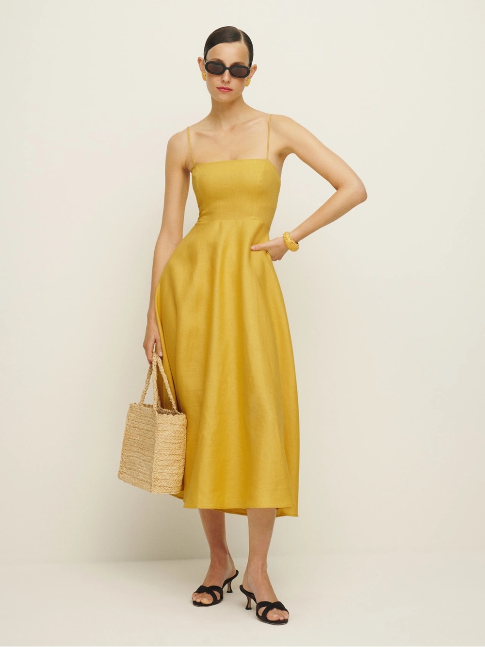 Reformation Monette Linen Dress Sleeveless |Spaghetti-Strap Mustard Midi Dress